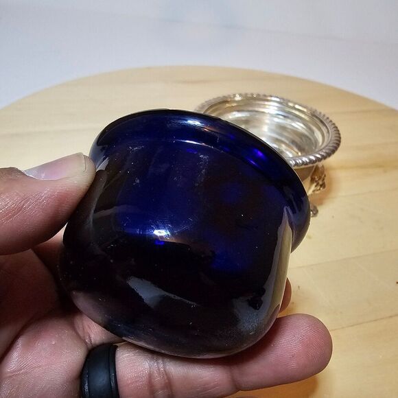 Vintage Ellis Barker Silver Plate Small Bowl With Cobalt Blue Glass Insert Liner - Picture 7 of 12